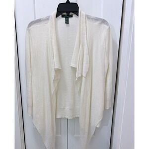 Lauren Ralph Lauren Petite White Linen Cotton Draped Waterfall Cardigan PM